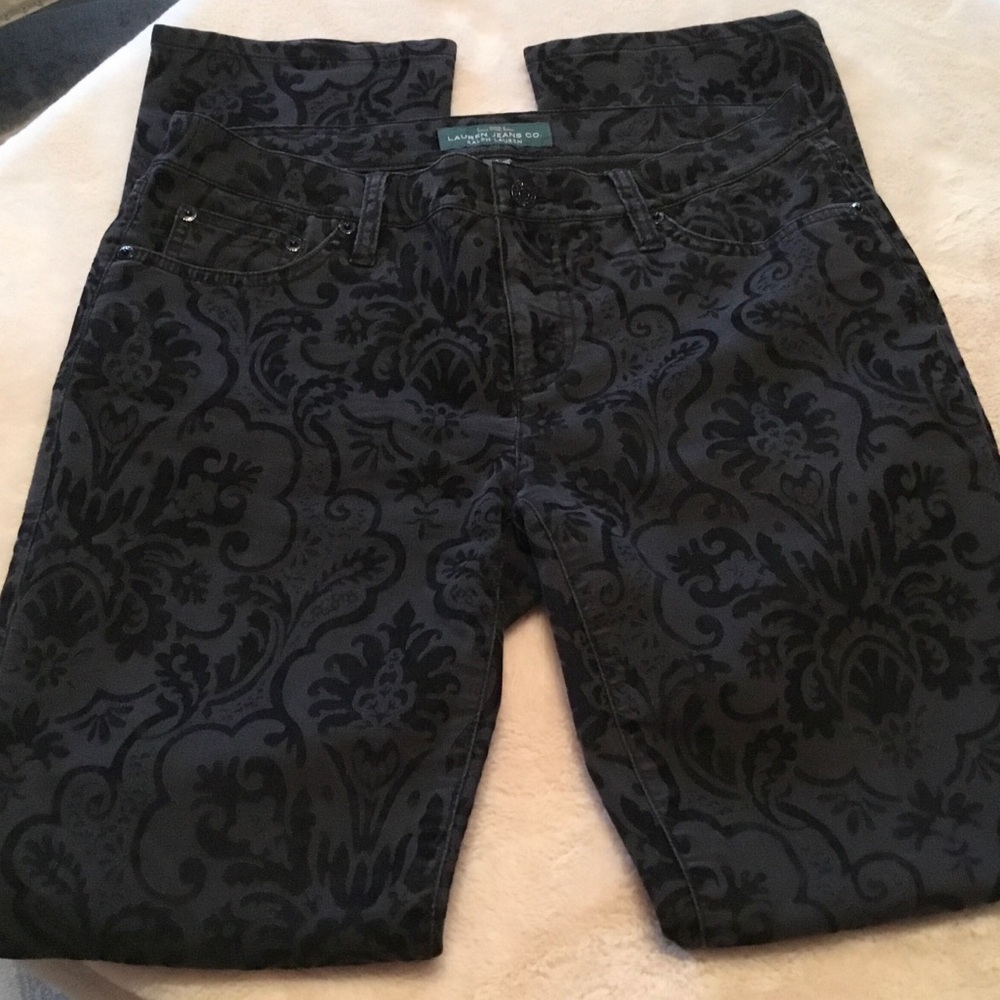 Lauren Ralph Lauren Modern Straight Black Floral Velvet Patterned Jeans -  6